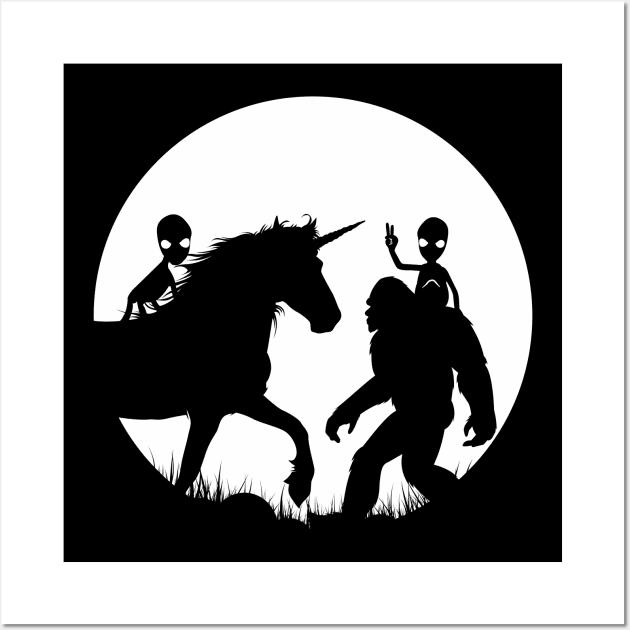 Alien Riding Unicorn Funny Sasquatch Aliens Wall Art by Tesszero